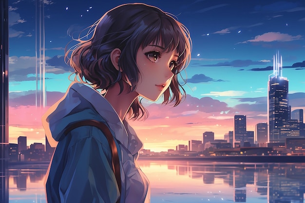 Solitude Skylines Lo sguardo malinconico di una ragazza di anime su un paesaggio cittadino vivace e vivace di notte