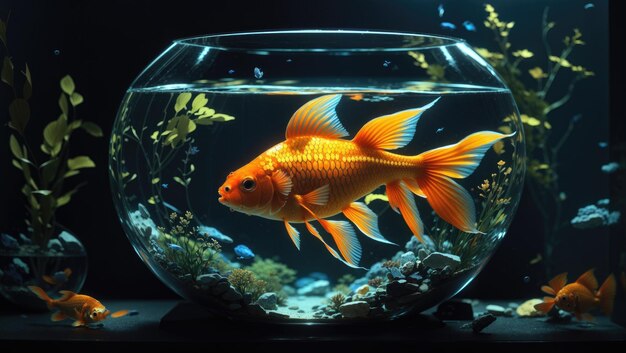 Solitudine dorata Un dipinto digitale altamente dettagliato di un pesce rosso in un regno oscurato