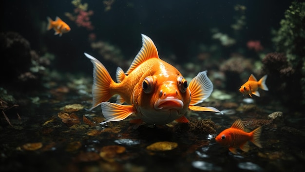Solitudine dorata Un dipinto digitale altamente dettagliato di un pesce rosso in un regno oscurato