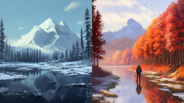 Solitudine nella natura Una maestosa montagna e un lago sereno catturati in uno straordinario dipinto con GenerativeAI