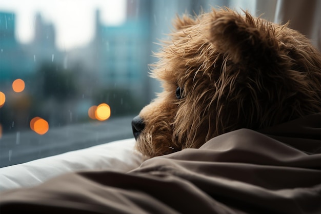 Solitudine prima di andare a dormire per la finestra baciata dalla pioggia di orsacchiotti, morbido comfort bianco
