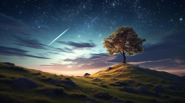 Solitudine stellata Albero solitario sulla collina
