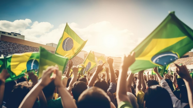 Sollevamento di bandiere brasiliane Vista posteriore gruppo di persone che detengono bandiere brasiliane