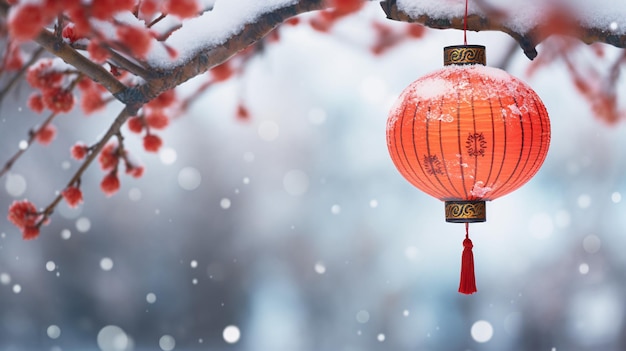 Solstizio d'inverno Yuanxiao Festa di primavera rami di fiori di prugne innevati appesi in una bellissima lanterna