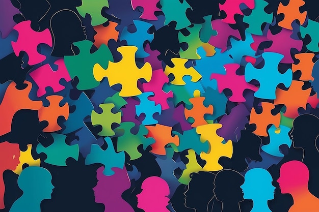 Soluzione di problemi Concetto di lavoro di squadra o comunità Gruppo di teste a silhouette colorate persone che formano pezzi di puzzle