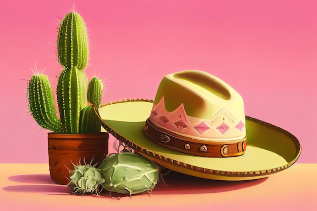 Sombrero lime tequila e cactus su sfondo rosa Effetto pittura ad olio Generativo Ai