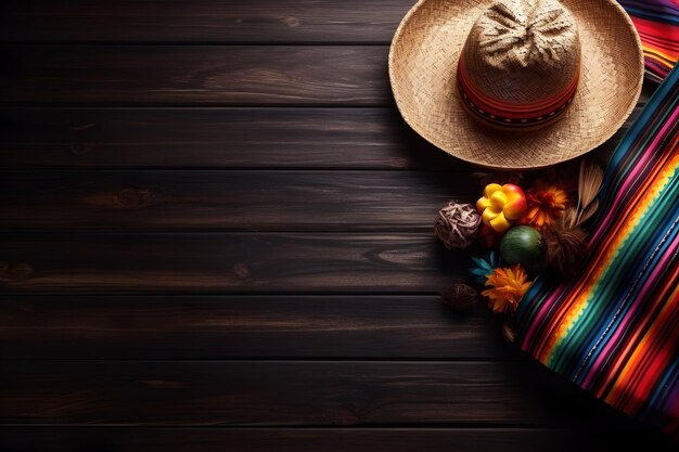 Sombrero messicano e altre cose autentiche di Cinco de Mayo Fondo in legno