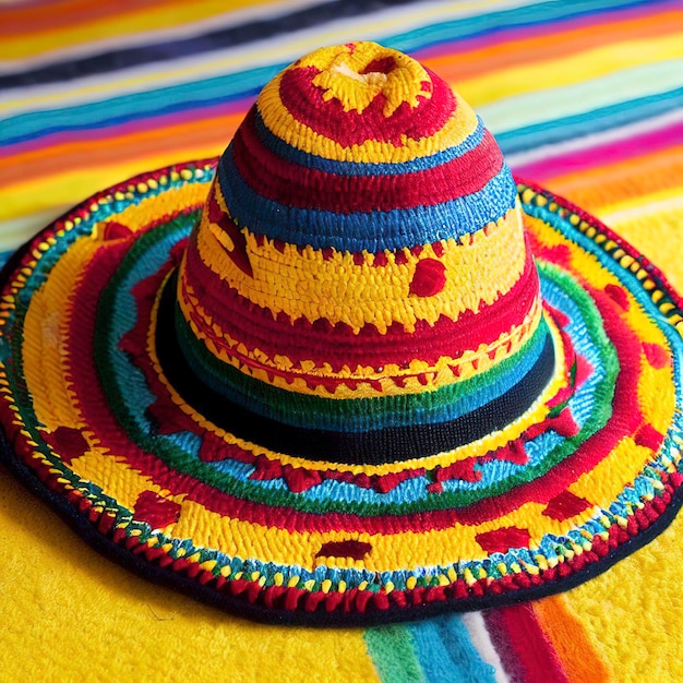 Sombrero tradizionale messicano multicolore su tappeto giallo