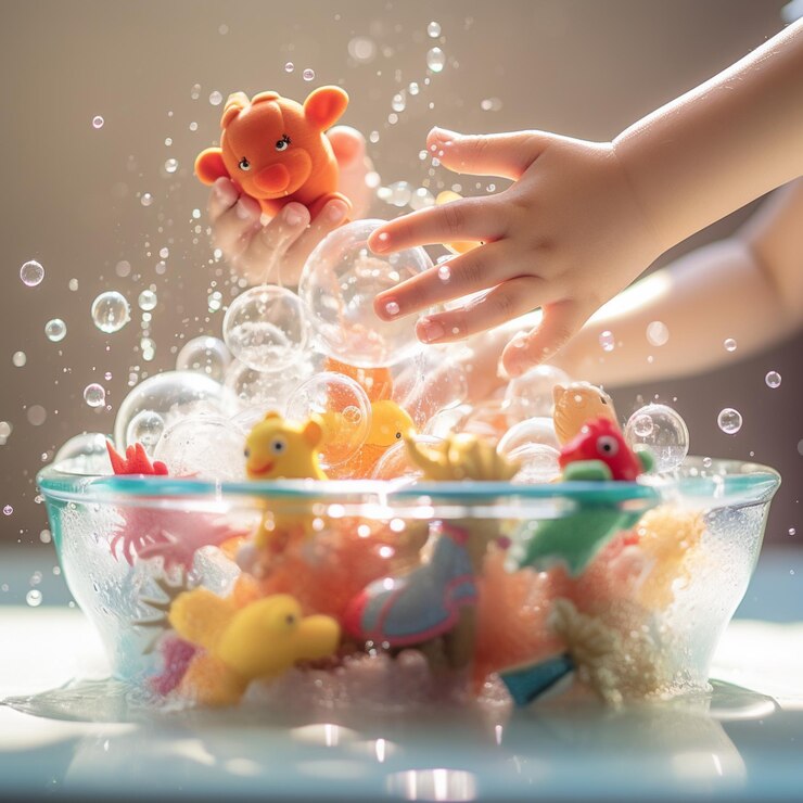someone is playing with a bowl of toys and bubbles generative ai
