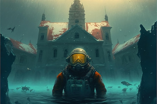 Sommozzatore subacqueo Subacqueo futuristico in piedi in una città sommersa sott'acqua Pittura illustrativa in stile arte digitale
