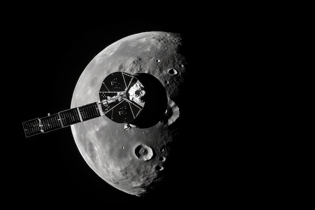 Sonda spaziale in orbita attorno alla luna con la sua ombra e crateri visibili