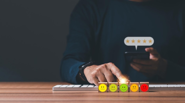 Foto sondaggio sulla soddisfazione e concetto di servizio clienti un uomo d'affari o uomini d'affari stanno toccando uno schermo virtuale sul simbolo dell'icona di una faccina felice per dare soddisfazione nella valutazione del servizio molto impressionato