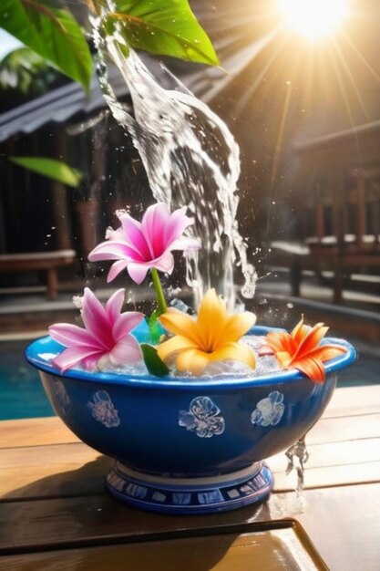 Songkran Thailand Festival Fiori vibranti in ciotole d'acqua Nuvole d'acqua e poster del sole