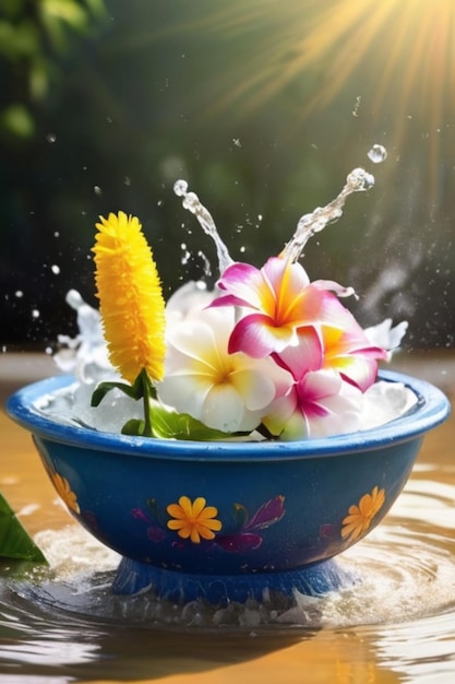 Songkran Thailand Festival Fiori vibranti in ciotole d'acqua Nuvole d'acqua e poster del sole