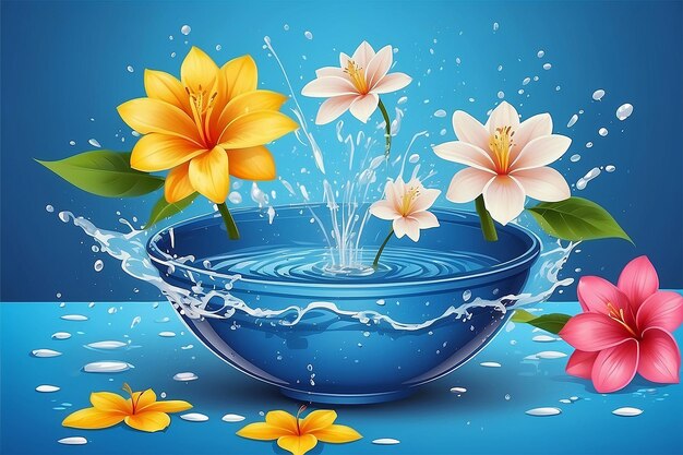 Songkran Thailandia Fiori thailandesi in una ciotola d'acqua spruzzando acqua su uno sfondo blu