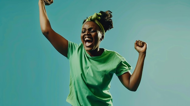 Sono la vincitrice, una donna afroamericana estasiata e felice, danza senza preoccupazioni, celebra la vittoria, IA generativa.
