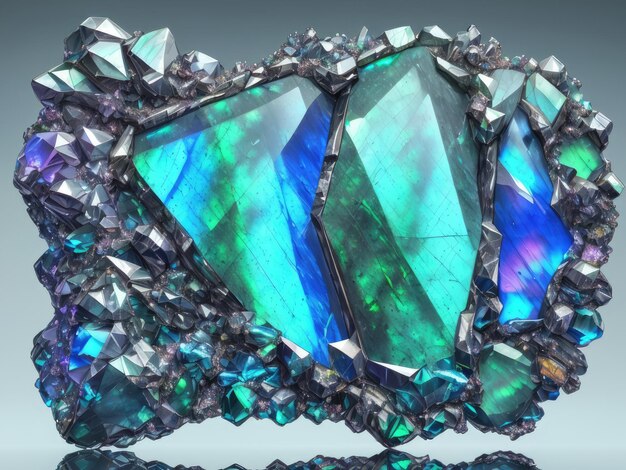 Sono mostrati cristalli blu e verdi con la parola diamante sul fondo.