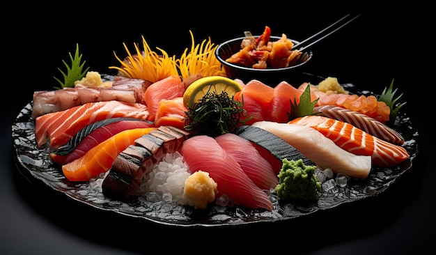 sopra c'è un piatto di sashimi e sushi in stile sfondo nero