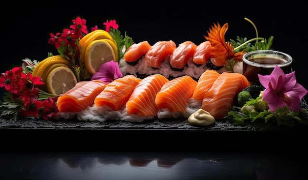 sopra c'è un piatto di sashimi e sushi in stile sfondo nero