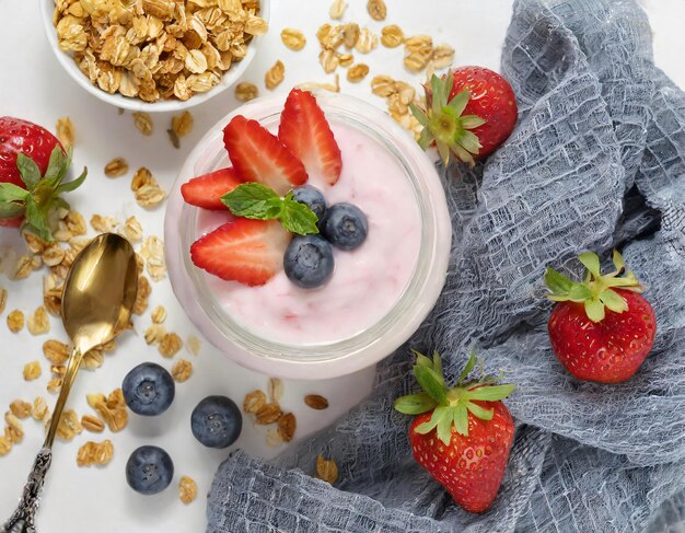 Sopra delizioso yogurt fatto in casa con bacche fragole e cereali su sfondo bianco