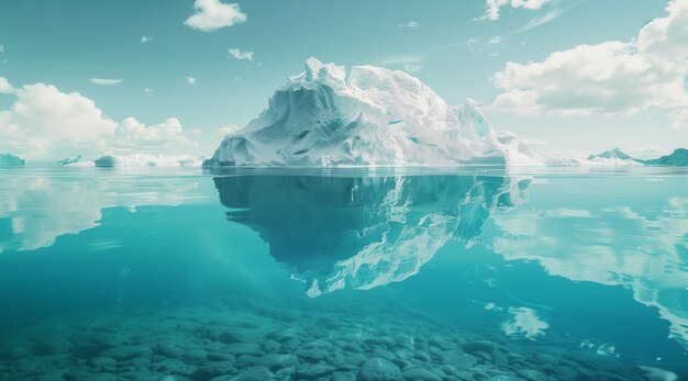 Sopra e sotto vista divisa di un iceberg bianco che galleggia in un mare blu limpido