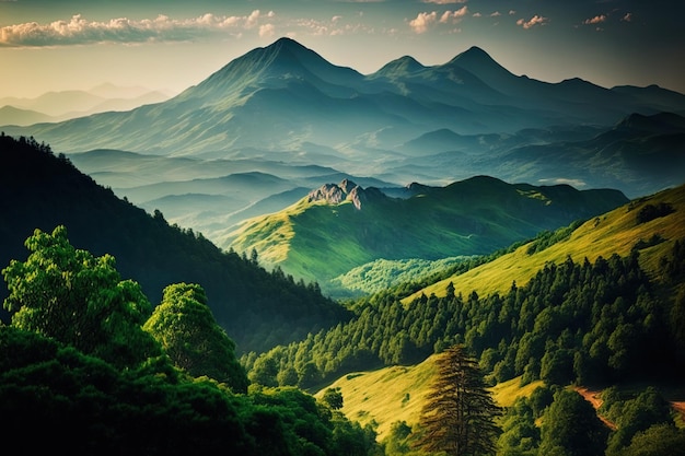 Sopra gli alberi lussureggianti di montagna