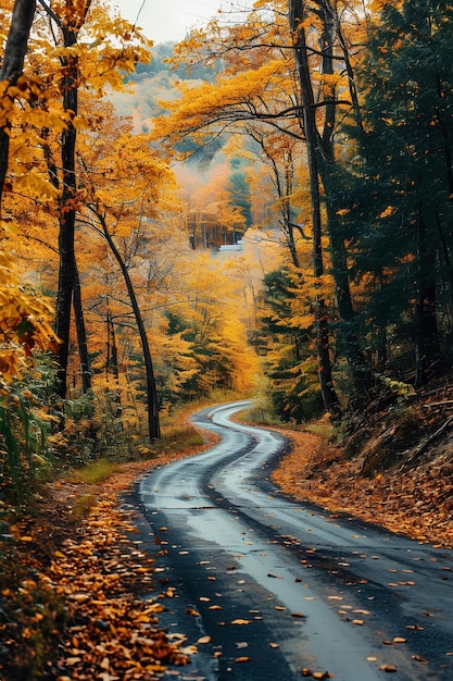 Sopra le cime degli alberi si osserva lo splendore delle strade d'autunno