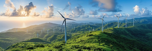 Sopra le verdi colline si trovano turbine eolicheGenerative Ai