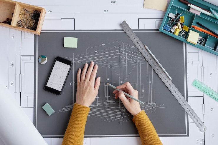 Foto sopra lo sfondo di vista dell'architetto femminile che disegna schemi e piani mentre è seduto alla scrivania in ufficio,