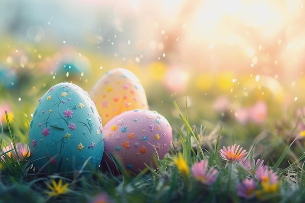 Sopra vista dall'alto di colorate uova di Pasqua sull'erba verde con margherite in primavera AI Generato