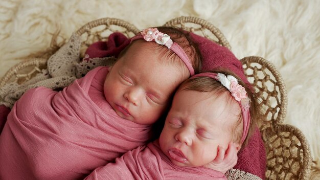 Sorelle gemelle appena nate in una cesta su uno sfondo di pelliccia bianca