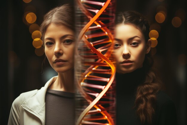 Sorelle gemelle con un'elica di DNA traslucida che simboleggia somiglianze e differenze genetiche