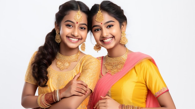 Sorelle indiane che festeggiano con abiti tradizionali