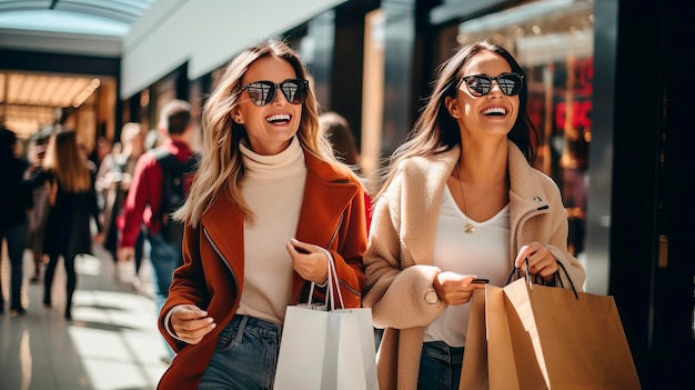 Sorelle sorridenti che tengono le borse e camminano