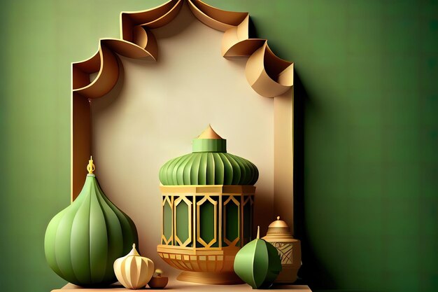 Sorprendente sfondo decorativo islamico con lanterna ketupat e ramadan in stile cartone animato a mezzaluna