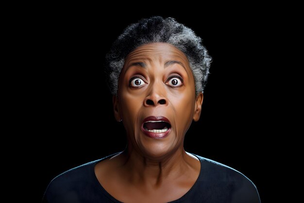 Sorpresa anziana donna afroamericana testa e spalle ritratto su sfondo nero neurale