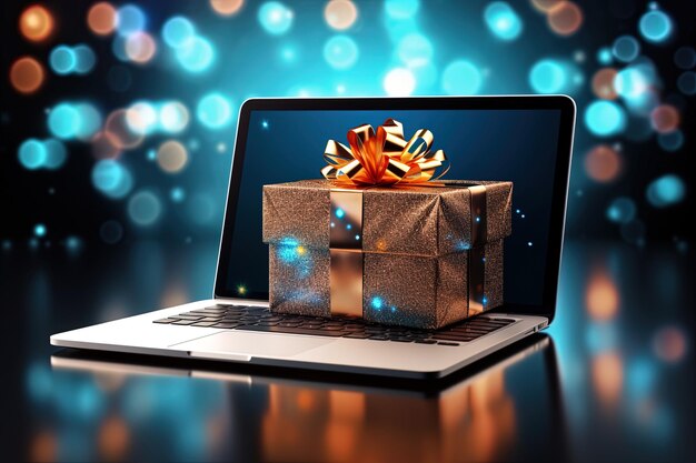 Sorpresa regalo digitale per il Cyber Monday con oggetti fluttuanti e confezioni regalo in colori contrastanti