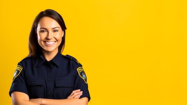 Sorridendo a un'affidabile ufficiale donna in uniforme blu navy