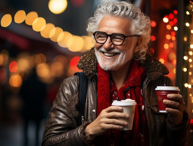 Sorridendo felice vecchio bell'uomo con caffè in sità strada in inverno sfondo natalizio