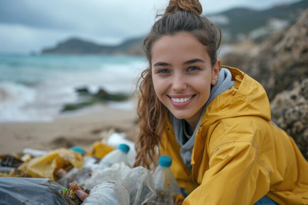 Sorridendo la donna volontaria raccolse la plastica Generative Ai