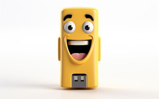 Sorridendo un caricatura 3D di una caramella USB gialla carino isolato su sfondo bianco