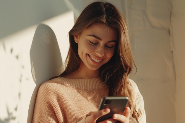 sorridente affascinante bruna usa il telefono cellulare felice SMS dipendente dalle tecnologie moderne
