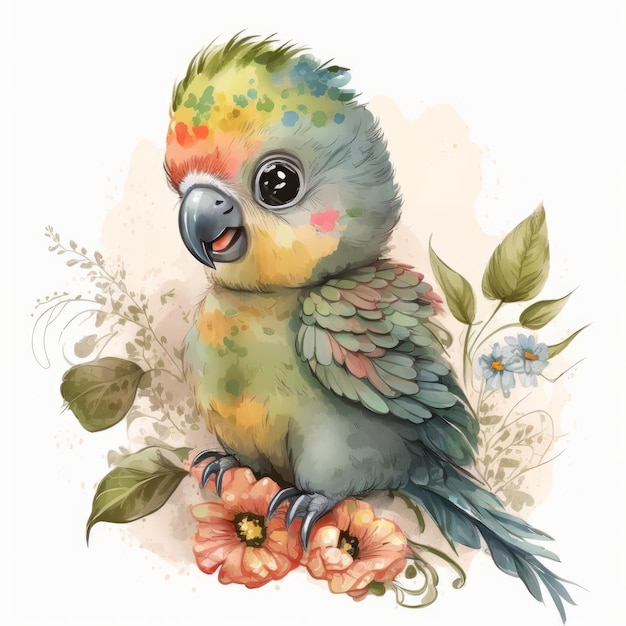 Sorridente baby pappagallo seduto su fiori clip art isolato con sfondo bianco IA generativa