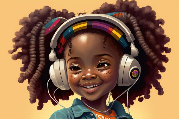 Sorridente bambina afroamericana con cuffia, illustrazione digitale