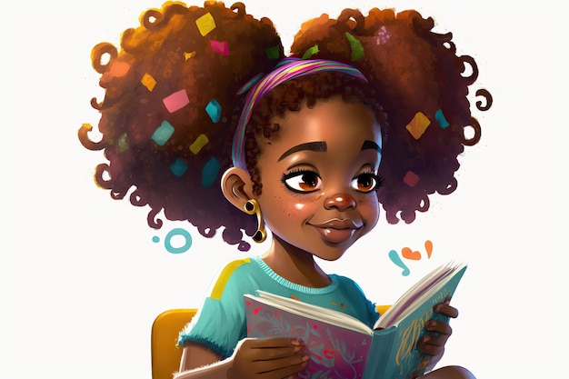 sorridente bambina afroamericana con un libro aperto, illustrazione digitale, adesivi, isolato