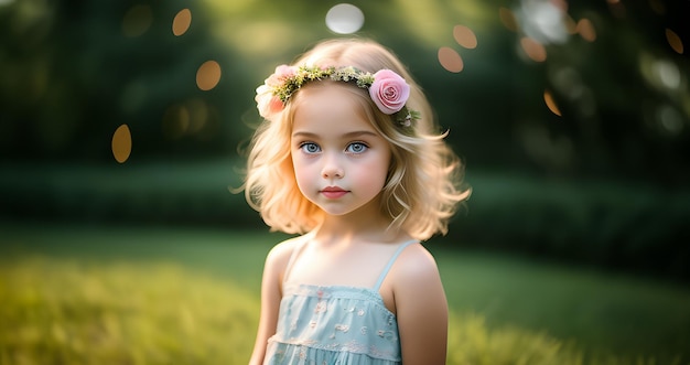 Sorridente bambina carina in abito che posa sopra la primavera fiorente parco all'aperto viso di bambina su sfondo naturale infanzia bambini ritratto all'aperta primavera bambina bella bambina