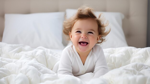 Sorridente bambina felice su un letto bianco e woll a casa