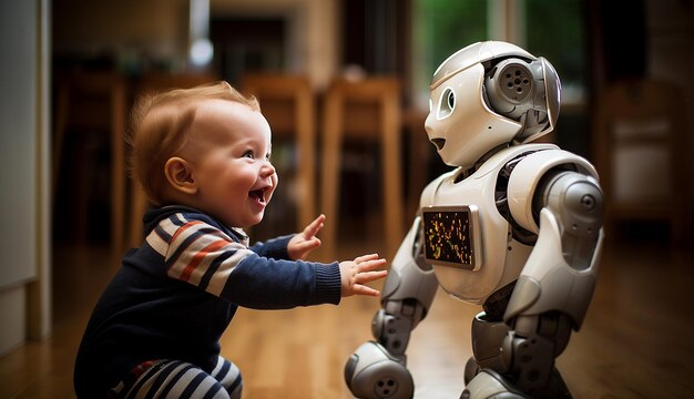 Sorridente bambino giocoso con robot ai a casatecnologia digitale futuristica di intelligenza artificiale