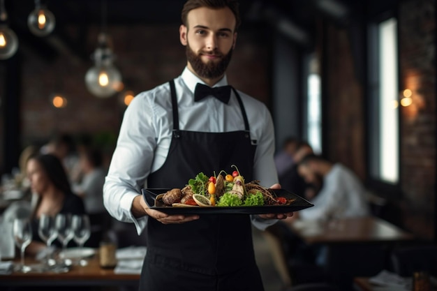 Sorridente cameriere maschio con piatto di insalata al ristorante o al bar
