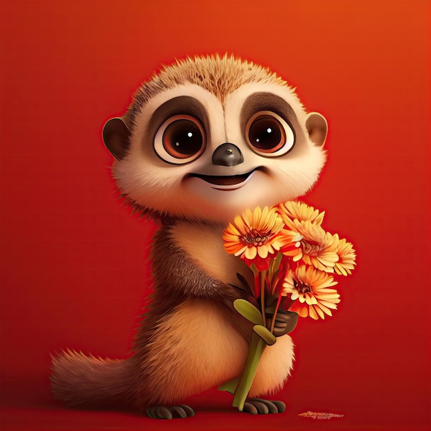 Sorridente carino meerkat azienda bouquet in fiore colorato isolare sfondo caldo